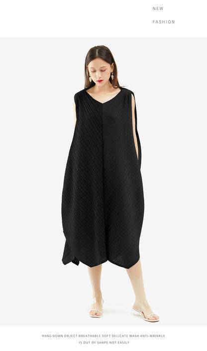 Miyake Pleated Irregular Hem Sleeveless Midi Dress