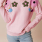 Crochet Flower Round Neck Dropped Shoulder Sweater