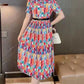 Multicolor Printed Short Sleeve A-Line Midi Dress