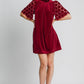 Dotted Lace Half Sleeve Mock Neck Back Tie Velvet Dress