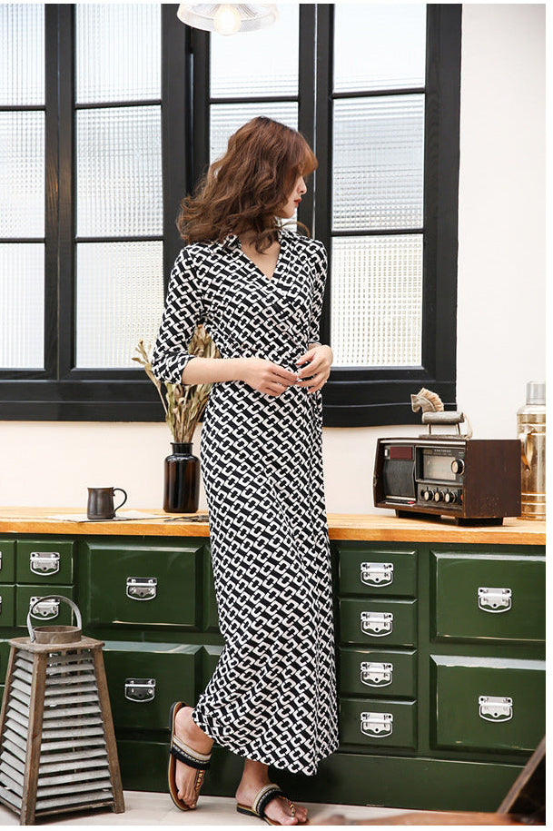 Chain Print Collared Neck Maxi Dress