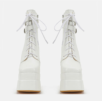 Lace-Up Block Heel Platform Mid-Calf Boots