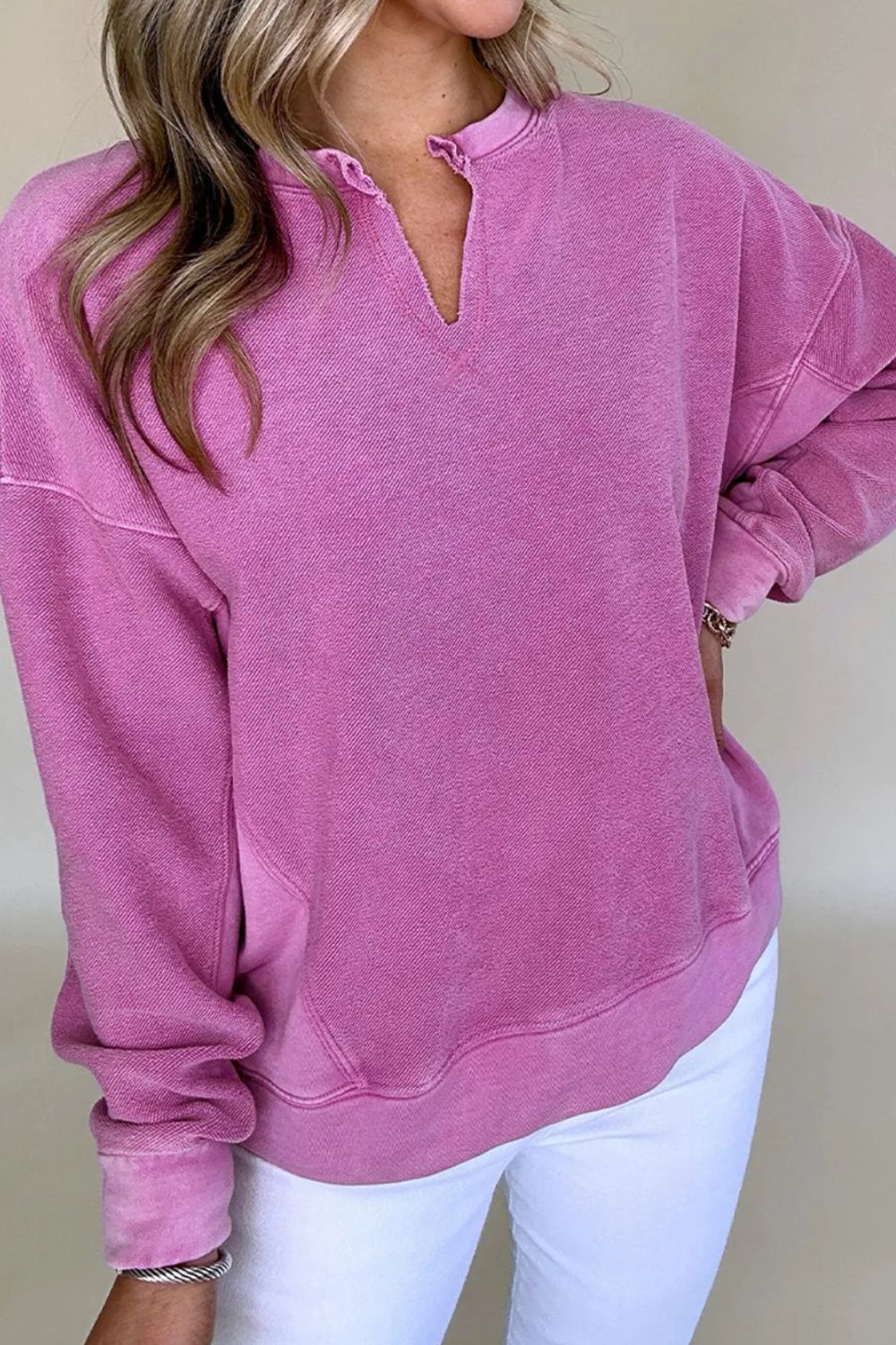 Notched Dropped Shoulder Long Sleeve Sweatshirt