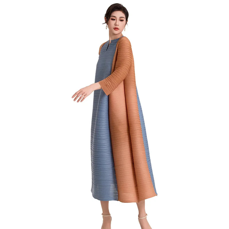 Miyake Pleated Contrast Splice Midi Dress