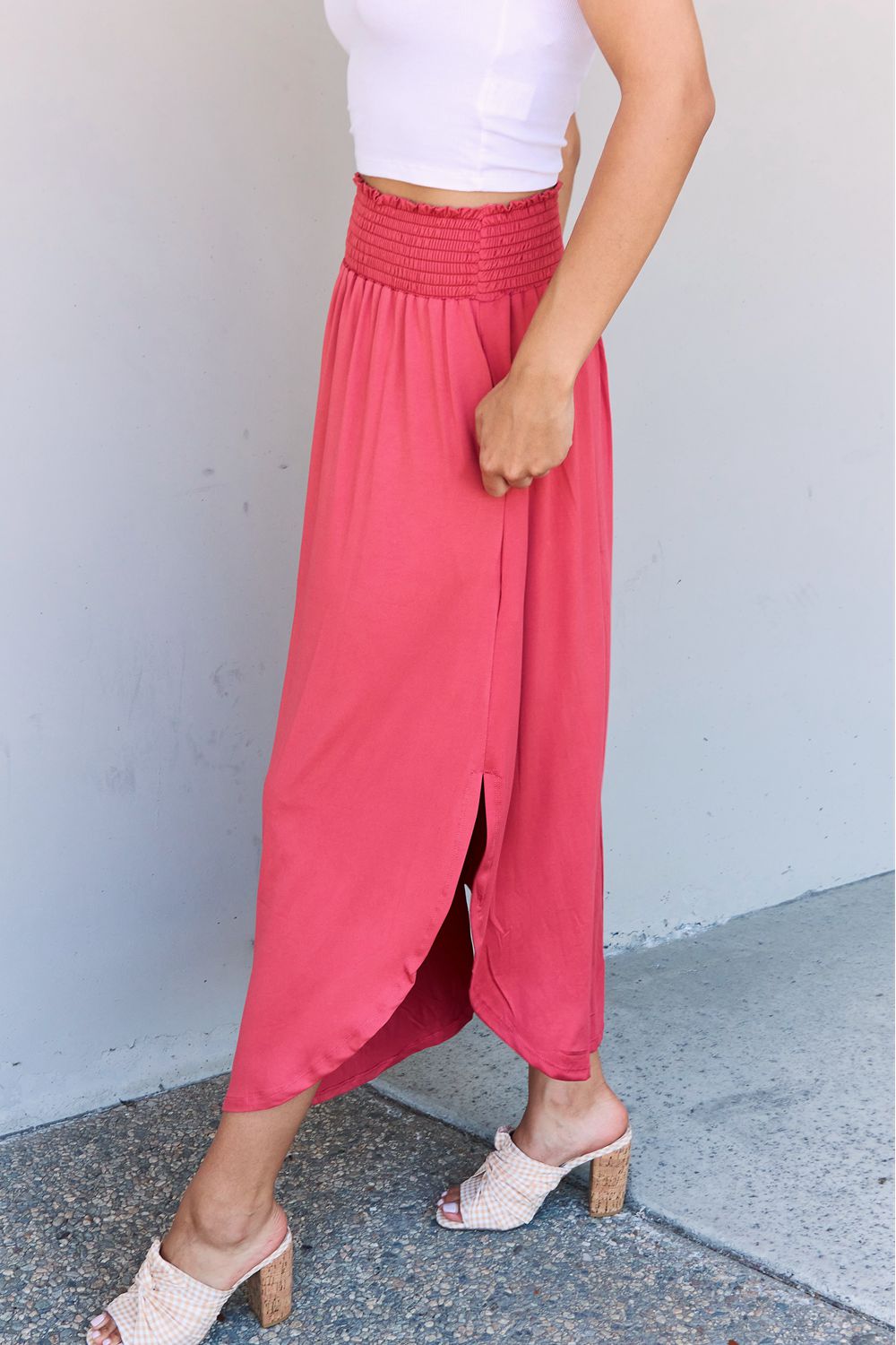 High Waist Scoop Hem Maxi Skirt in Hot Pink