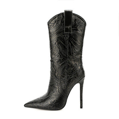Vintage Motif Pointed Toe Ankle-Boots
