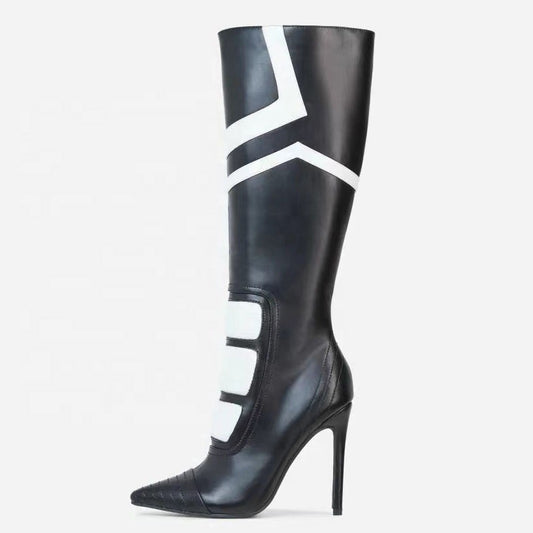 Patchwork Pointed Toe Knee-High Boots