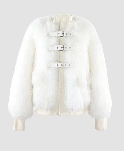 Faux Fox Fur Belt Detail Bomber Jacket