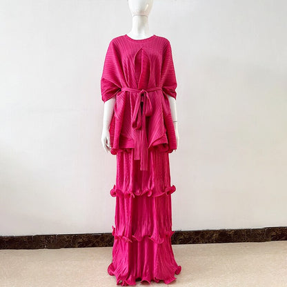 Miyake Pleated Irregular Shawl Top & Tiered Maxi Dress Set