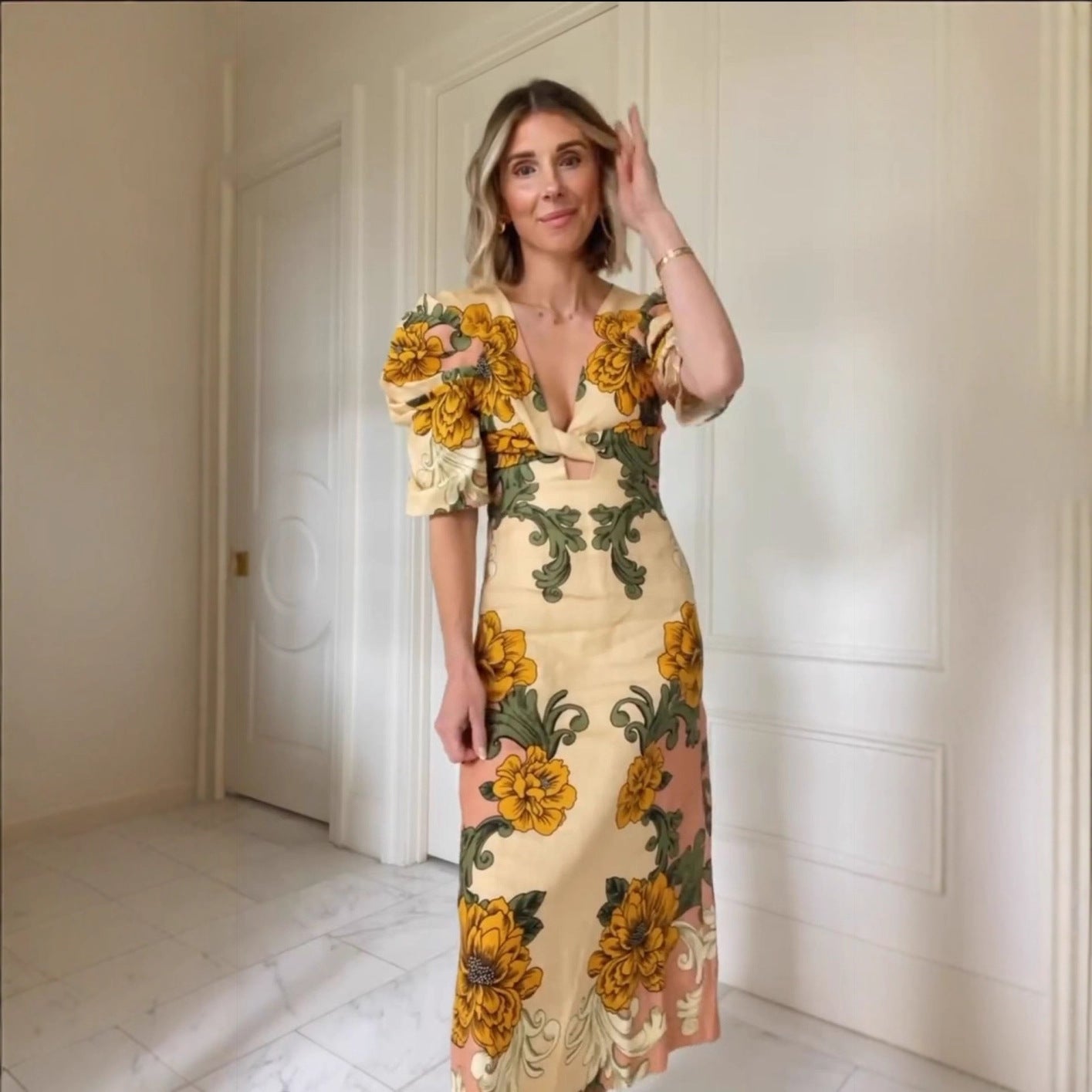 Printed Hollow Out V-Neck Midi Dress