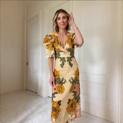 Printed Hollow Out V-Neck Midi Dress