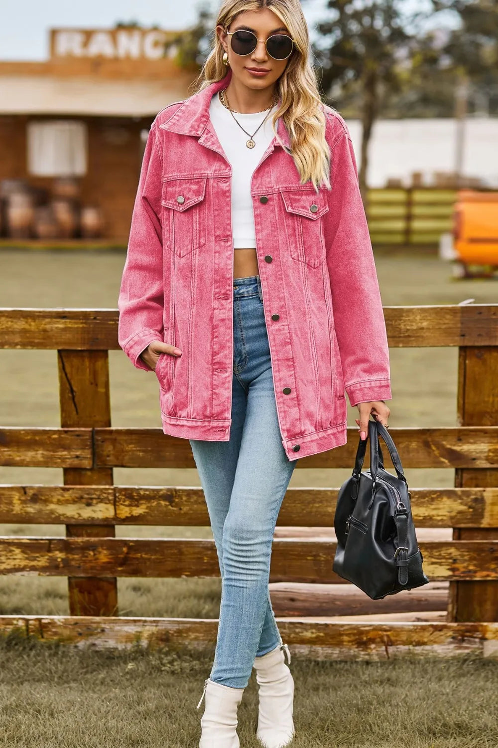 Buttoned Collared Neck Denim Jacket with Pockets