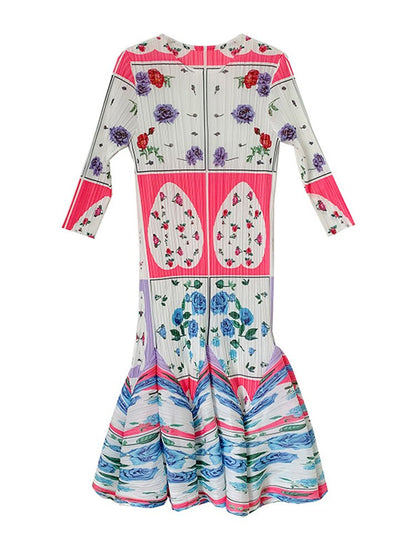 Miyake Pleated Printed Round Neck Long Sleeves Dress