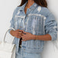 Sequin Fringe Trim Distressed Button Up Denim Jacket