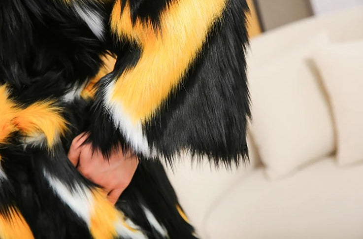 Multicolor Long Sleeve Faux Fox Fur Coat