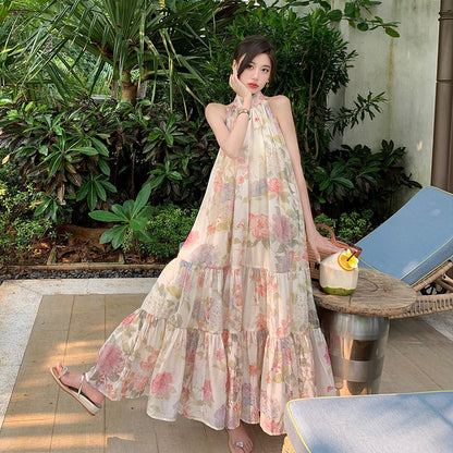 Floral Ruched Ruffled Sleeveless Maxi Dress
