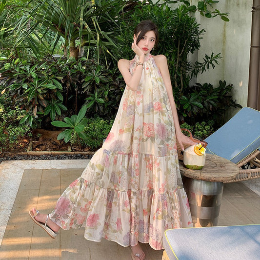 Floral Ruched Ruffled Sleeveless Maxi Dress