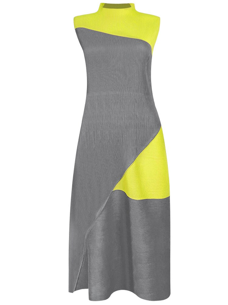 Miyake Pleated Contrast Irregular Spliced Midi Dress