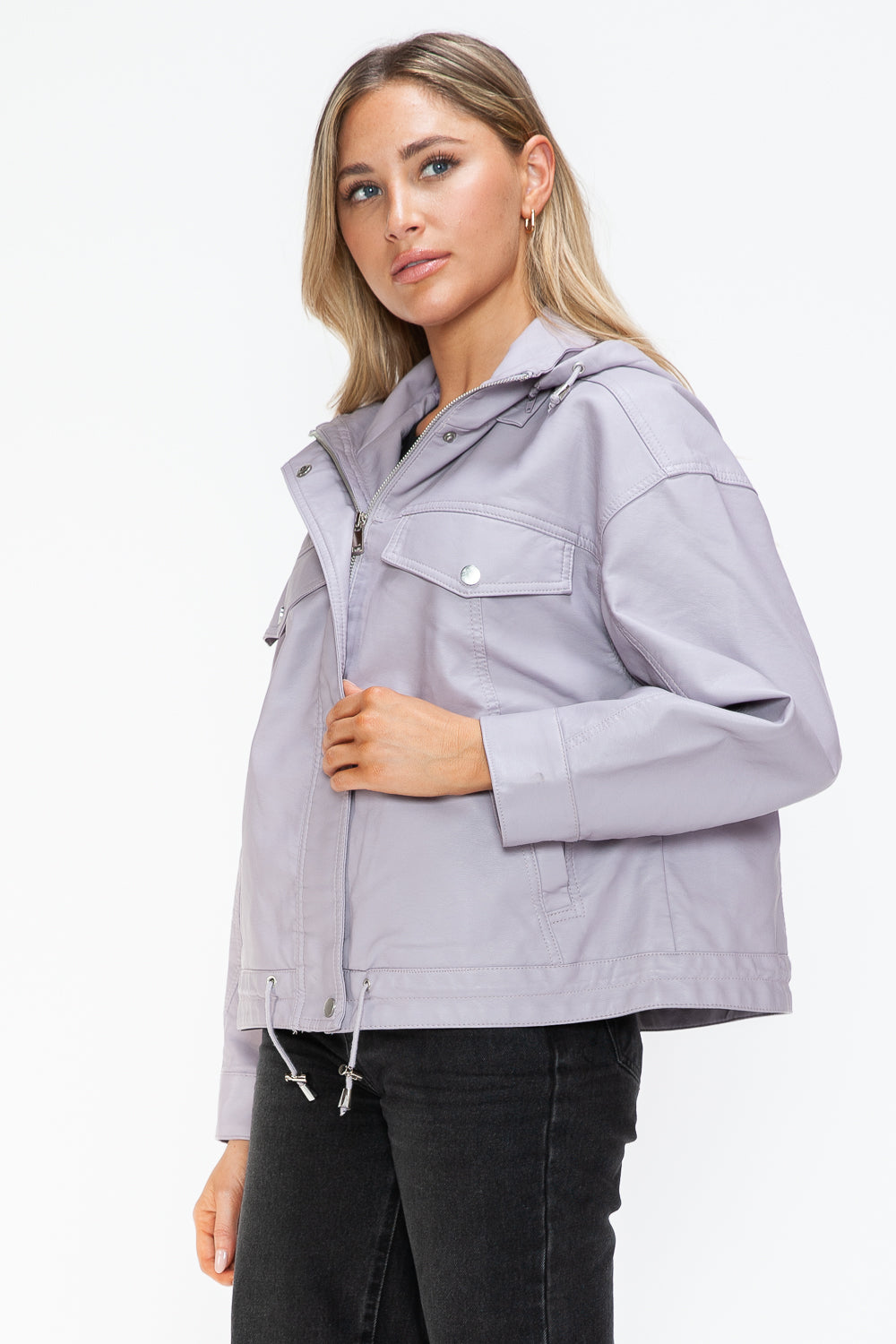 Drawstring Hem PU Leather Zip Up Jacket