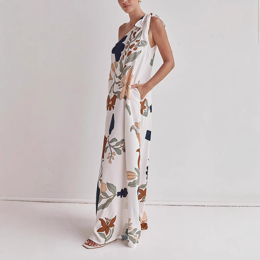 Printed Tied One-Shoulder Maxi Dress