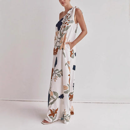 Printed Tied One-Shoulder Maxi Dress