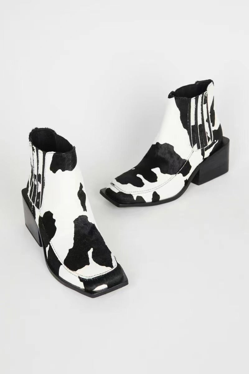 Cow Print Square Toe Chelsea Boots