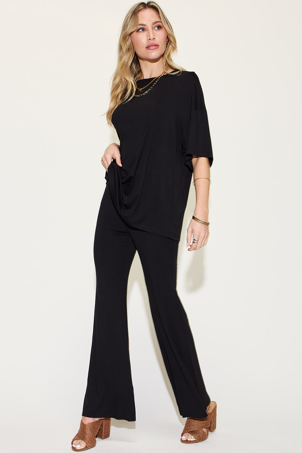 Basic Bae Full Size Bamboo Drop Shoulder T-Shirt and Flare Pants Set