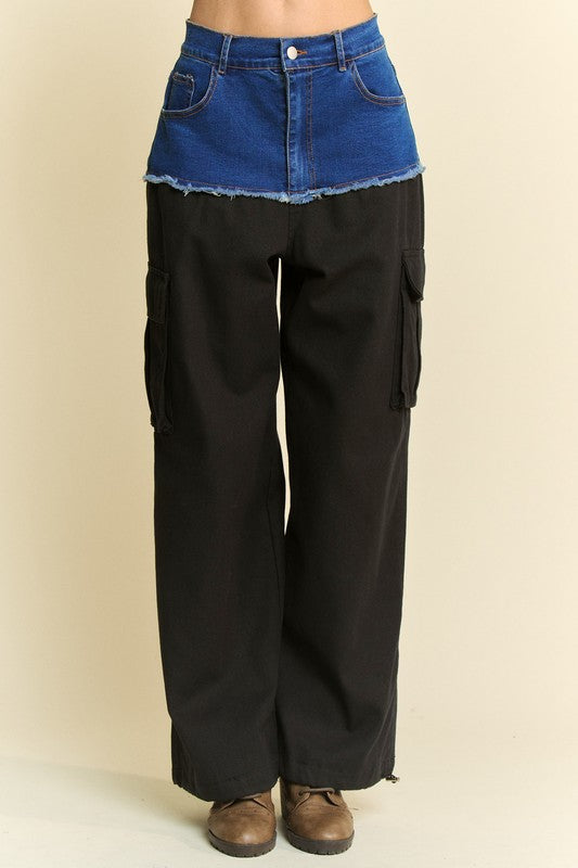 Denim Patchwork Wide Leg Pants with Cargo Pockets