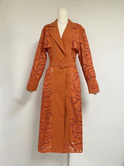 Hollow-Out Lapel Collar Spliced Trench Coat