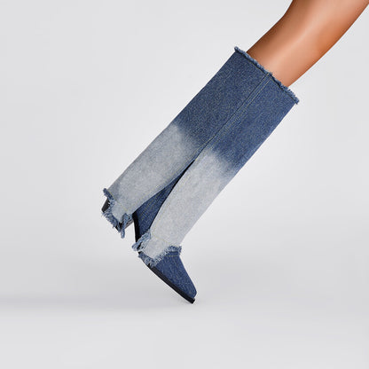 Gradient Pointed Toe Denim Knee High Boots