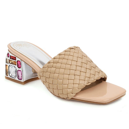 Rhinestones Braided Open Toe Chunky Heel Sandals