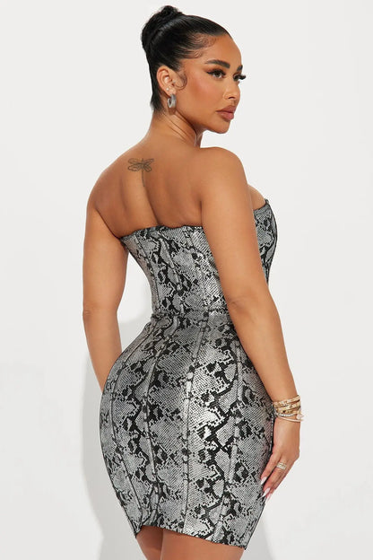 Snakeskin Print Strapless Bodycon Mini Dress