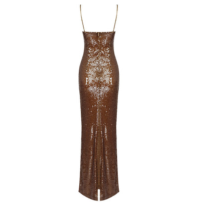 Sequined Slit Spaghetti Strap V-Neck Dress