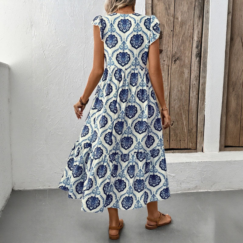 Printed Ruffled Cap Sleeves Midi Dress