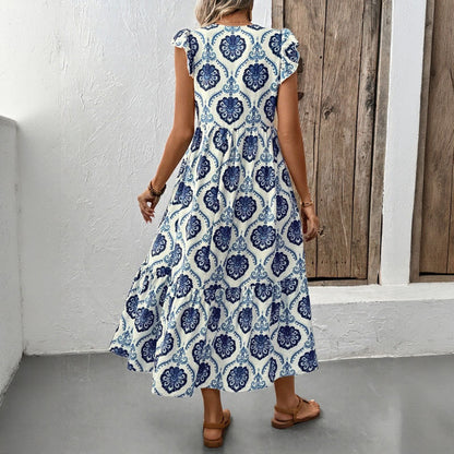 Printed Ruffled Cap Sleeves Midi Dress