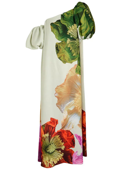 Floral Asymmetrical Neck Balloon Sleeve Maxi Dress