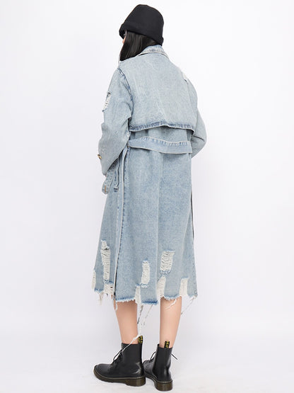 Double-Breasted Hollow Out Denim Trench Coat
