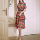 Multicolor Printed Short Sleeve A-Line Midi Dress