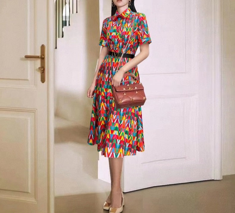 Multicolor Printed Short Sleeve A-Line Midi Dress