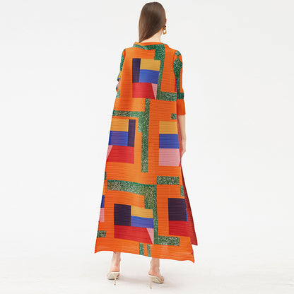 Miyake Pleated Geometric Print Long Dress