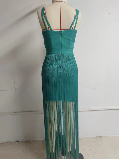 Tassel Fringe Sleeveless V-Neck Bandage Dress