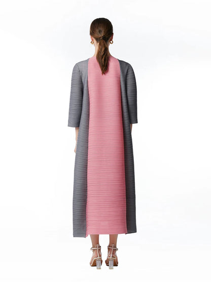 Miyake Pleated Contrast Splice Midi Dress