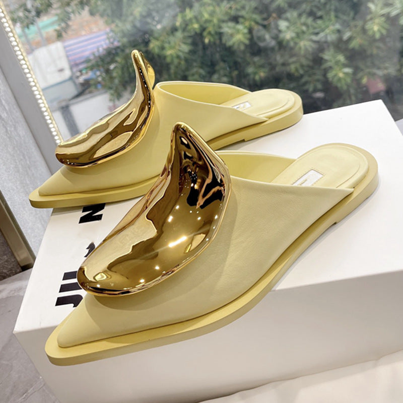 Genuine Leather Metal Decor Pointed Toe Flat Mules