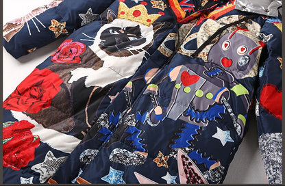 Printed Ribbed Collar Hooded Duck Down Overcoat