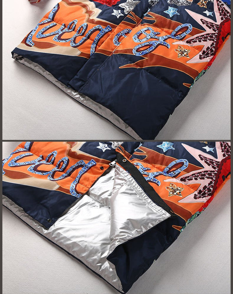 Printed Ribbed Collar Hooded Duck Down Overcoat