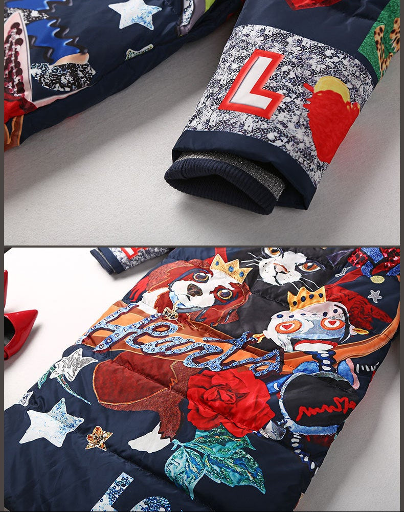 Printed Ribbed Collar Hooded Duck Down Overcoat