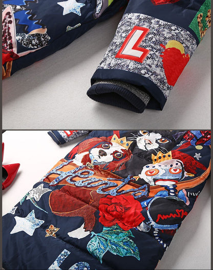 Printed Ribbed Collar Hooded Duck Down Overcoat