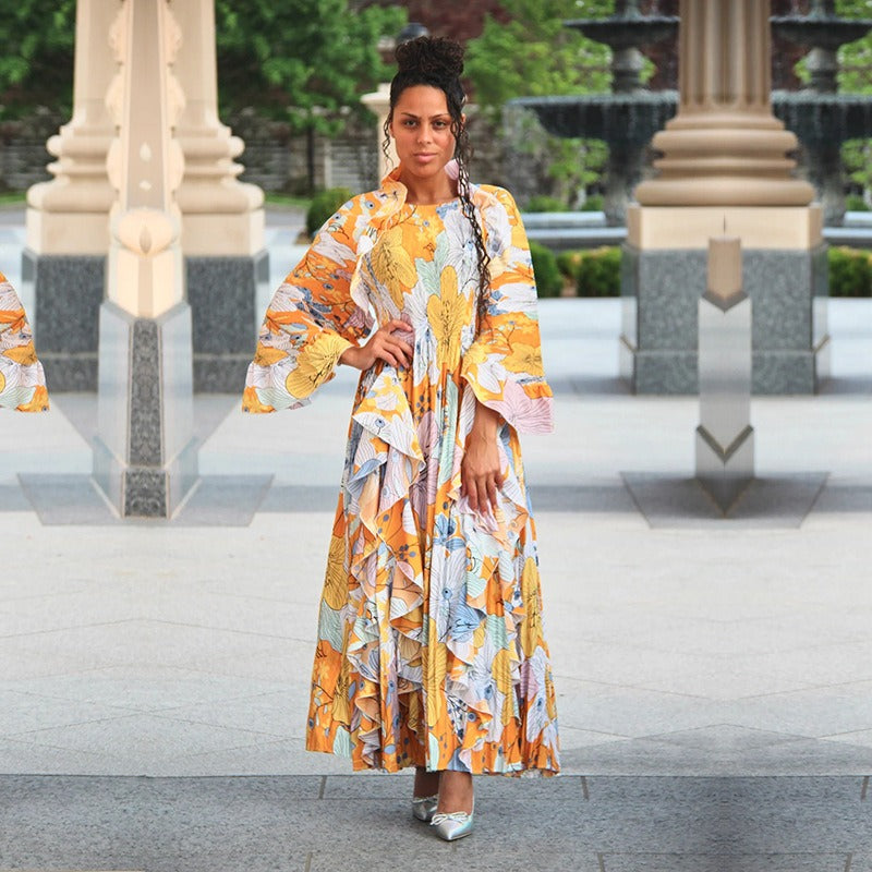 Pleated Ruffled Bat Sleeve Maxi Dress