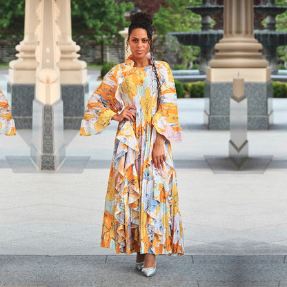 Pleated Ruffled Bat Sleeve Maxi Dress