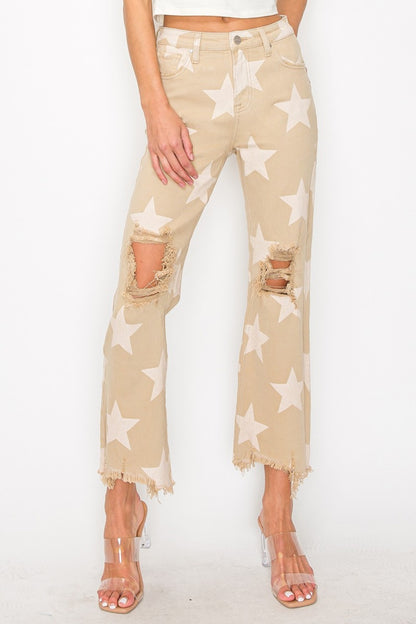 RISEN High Rise Star Printed Frayed Hem Jeans